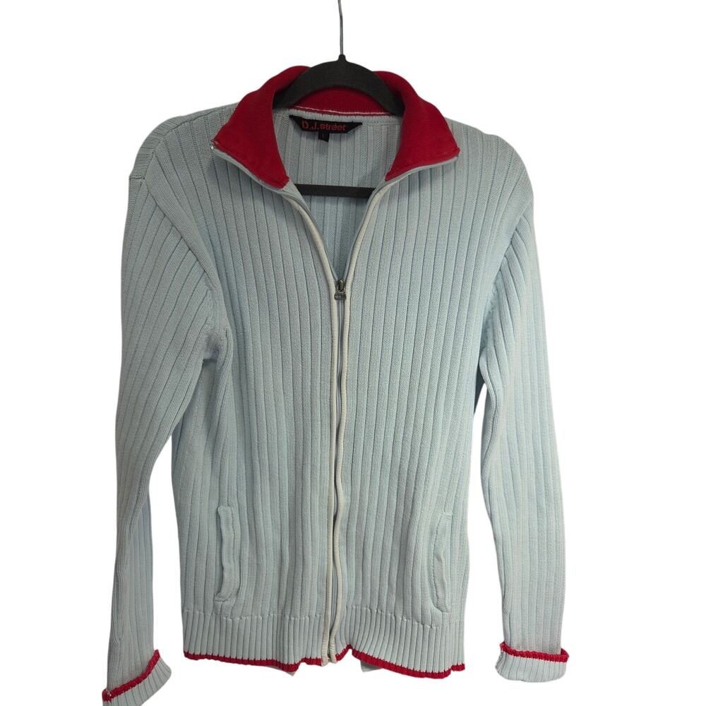 D.J. Street Womens Large Full Zip Front Cardigan Ribbed Blue‎